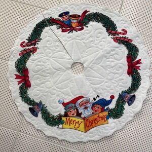 Vintage Rennoc Christmas Tree Skirt Felt Santa Children Bells Round Tabletop 18"